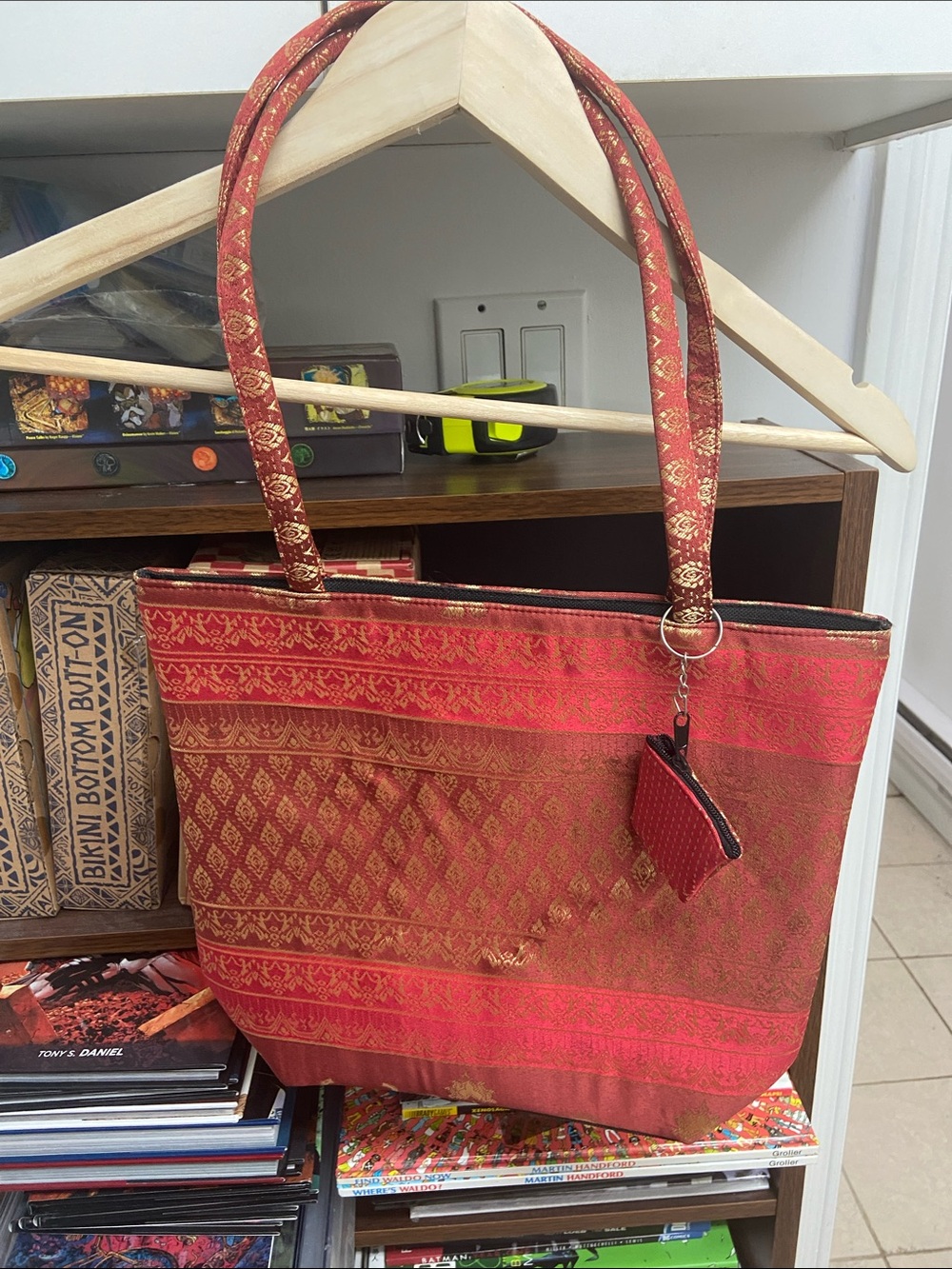 Vintage Thai Handmade Red Brocade Tote Bag with Matching Key Pouch